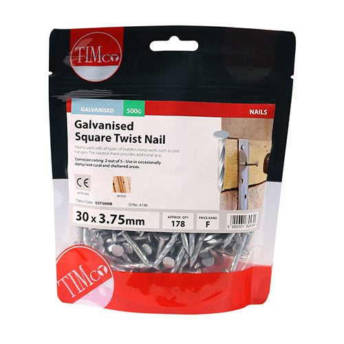 This is an image of Timco - Square Twist Nails - Galvanised 30 x 3.75mm (0.5 Kg TIMbag) GST30MB