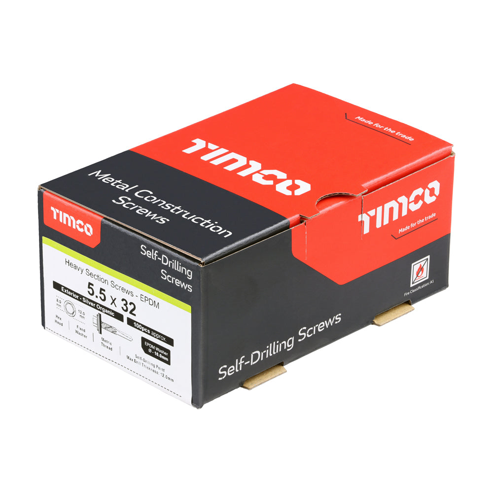 This is an image of Timco - Metal Construction Heavy Section Screws - Hex - EPDM Washer - Self-Drilling - Exterior - Silver Organic 5.5 x 32mm - (100 PCS Box) H32W16B