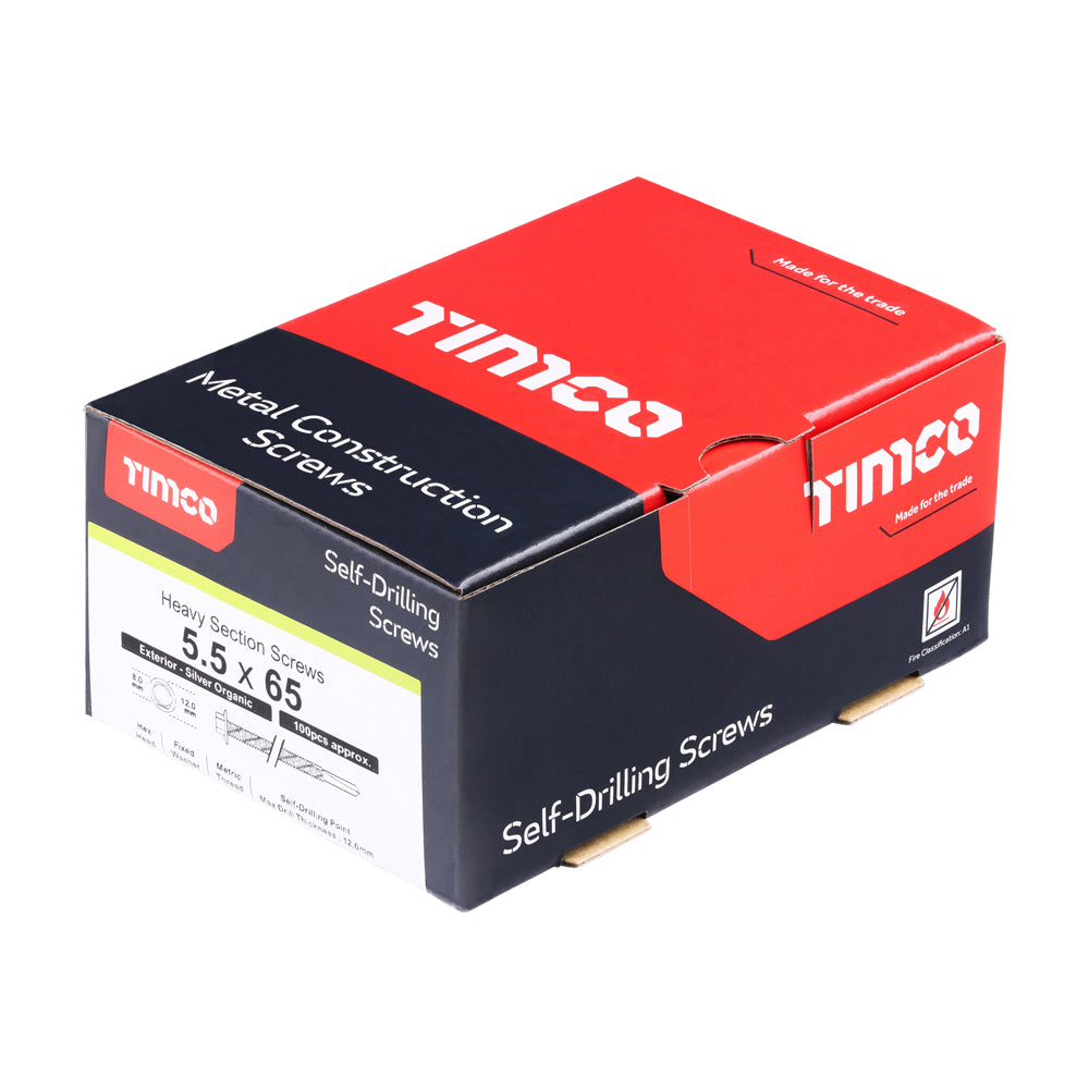 This is an image of Timco - Metal Construction Heavy Section Screws - Hex - Self-Drilling - Exterior - Silver Organic 5.5 x 65mm - (100 PCS Box) H65B