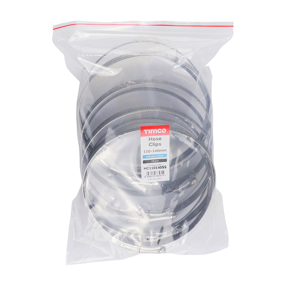 This is an image of Timco - Hose Clips - Stainless Steel 110 - 140mm - (10 PCS Bag) HC110140SS