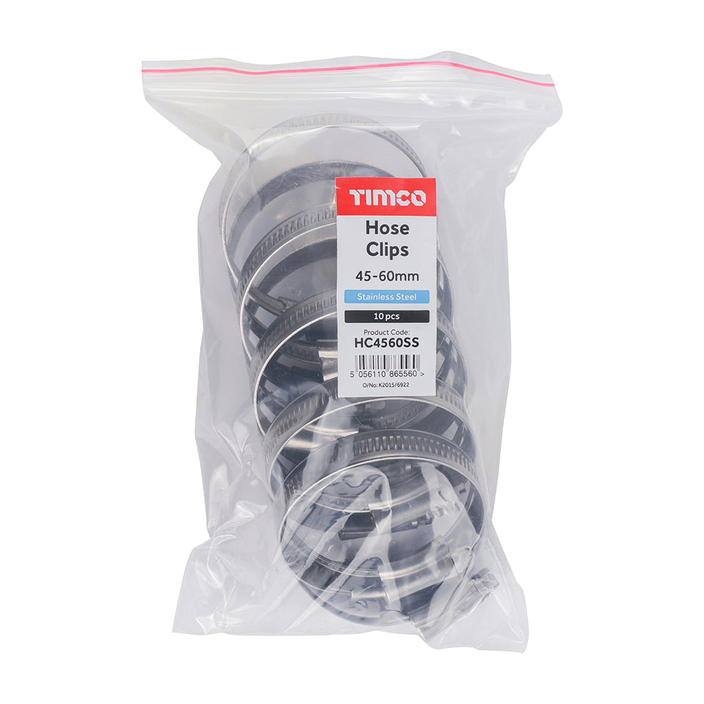 This is an image of Timco - Hose Clips - Stainless Steel 45 - 60mm - (10 PCS Bag) HC4560SS