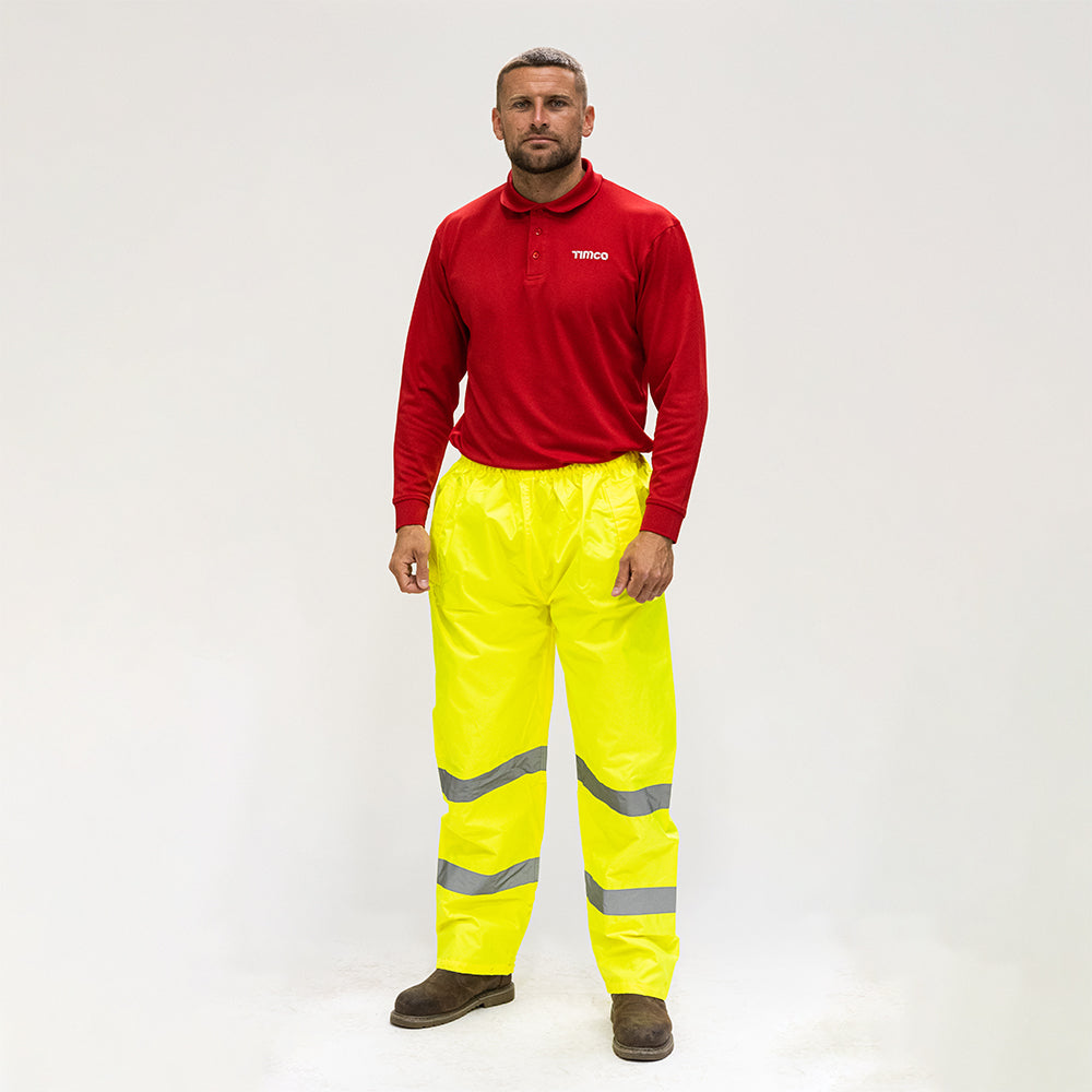 This is an image of Timco - Hi-Visibility Elasticated Waist Trousers - Yellow Large (1 Each Bag) HVETRSLRG