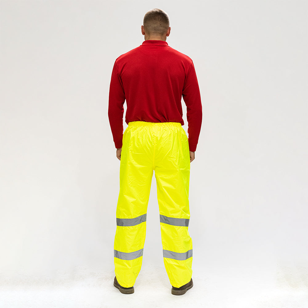 This is an image of Timco - Hi-Visibility Elasticated Waist Trousers - Yellow Large (1 Each Bag) HVETRSLRG