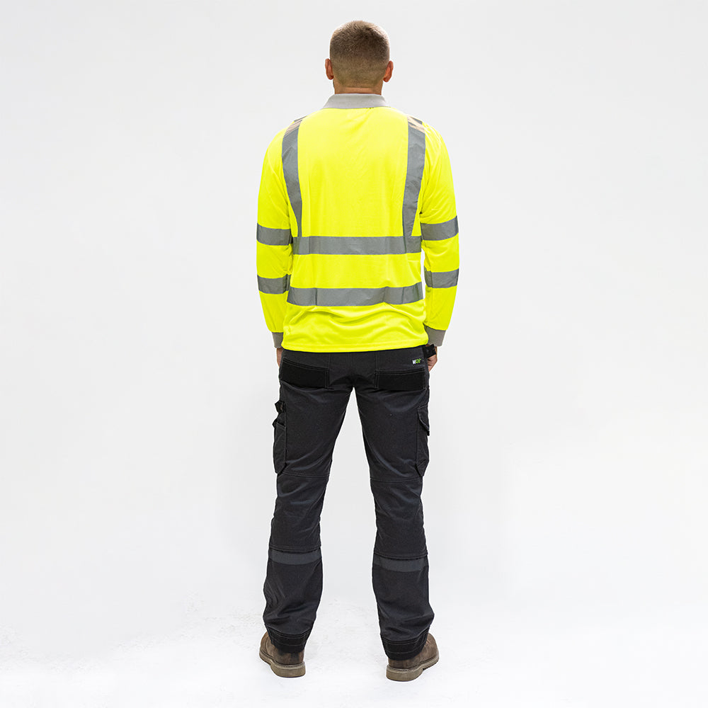 This is an image of Timco - Hi-Visibility Polo Shirt - Long Sleeve - Yellow Medium (1 Each Bag) HVLSPMED
