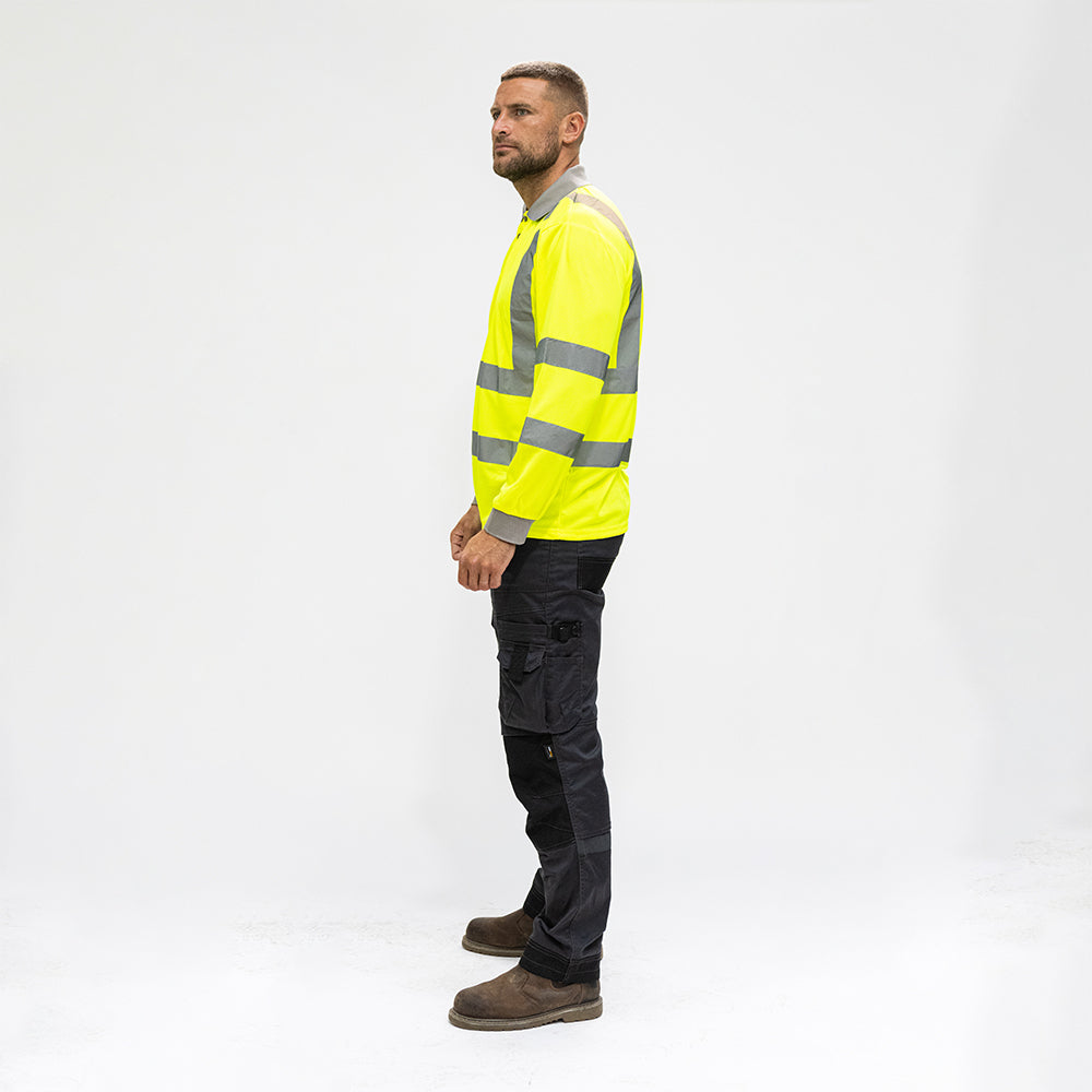 This is an image of Timco - Hi-Visibility Polo Shirt - Long Sleeve - Yellow X Large (1 Each Bag) HVLSPXL
