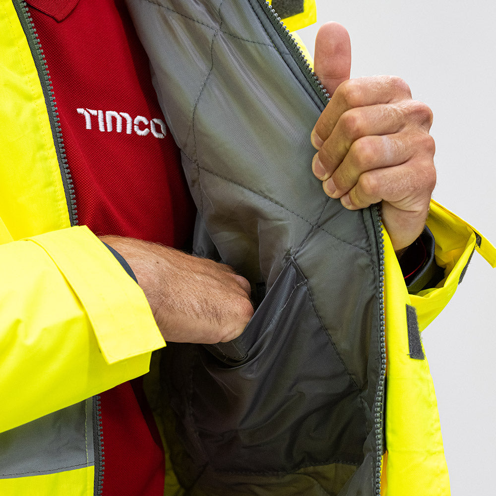 This is an image of Timco - Hi-Visibility Parka Jacket - Yellow Large (1 Each Bag) HVPJLRG