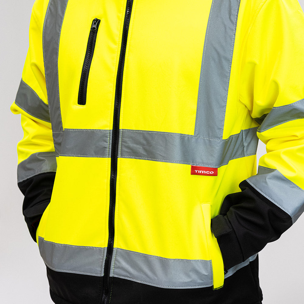 This is an image of Timco - Hi-Visibility Softshell Jacket - Yellow Small (1 Each Bag) HVSJSML