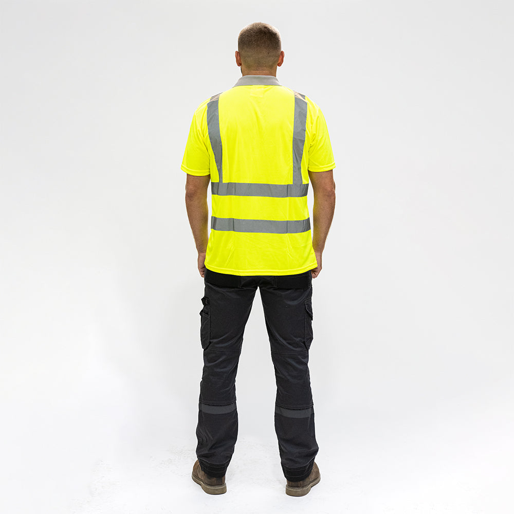 This is an image of Timco - Hi-Visibility Polo Shirt - Short Sleeve - Yellow XXXX Large (1 Each Bag) HVSSP4XL