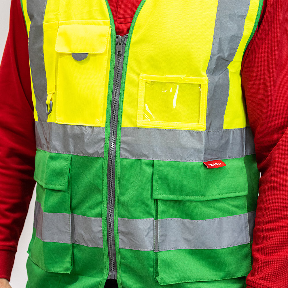 This is an image of Timco - Hi-Visibility Executive Vest - Yellow & Green Large (1 Each Bag) HVVYGLRG