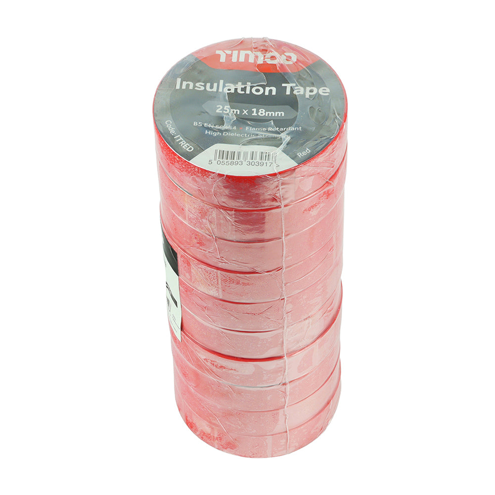 This is an image of Timco - PVC Insulation Tape - Red 25m x 18mm (10 PCS Roll Pack) PCSITRED