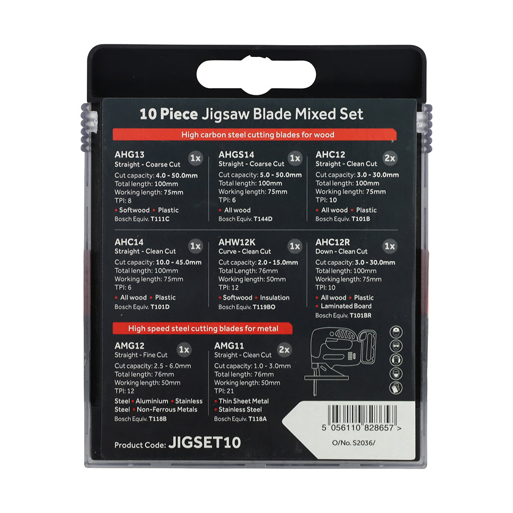 This is an image of Timco - Mixed Jigsaw Set - Wood & Metal Cutting - High Carbon Steel & HSS Blades Mixed (10 Pieces Case) JIGSET10