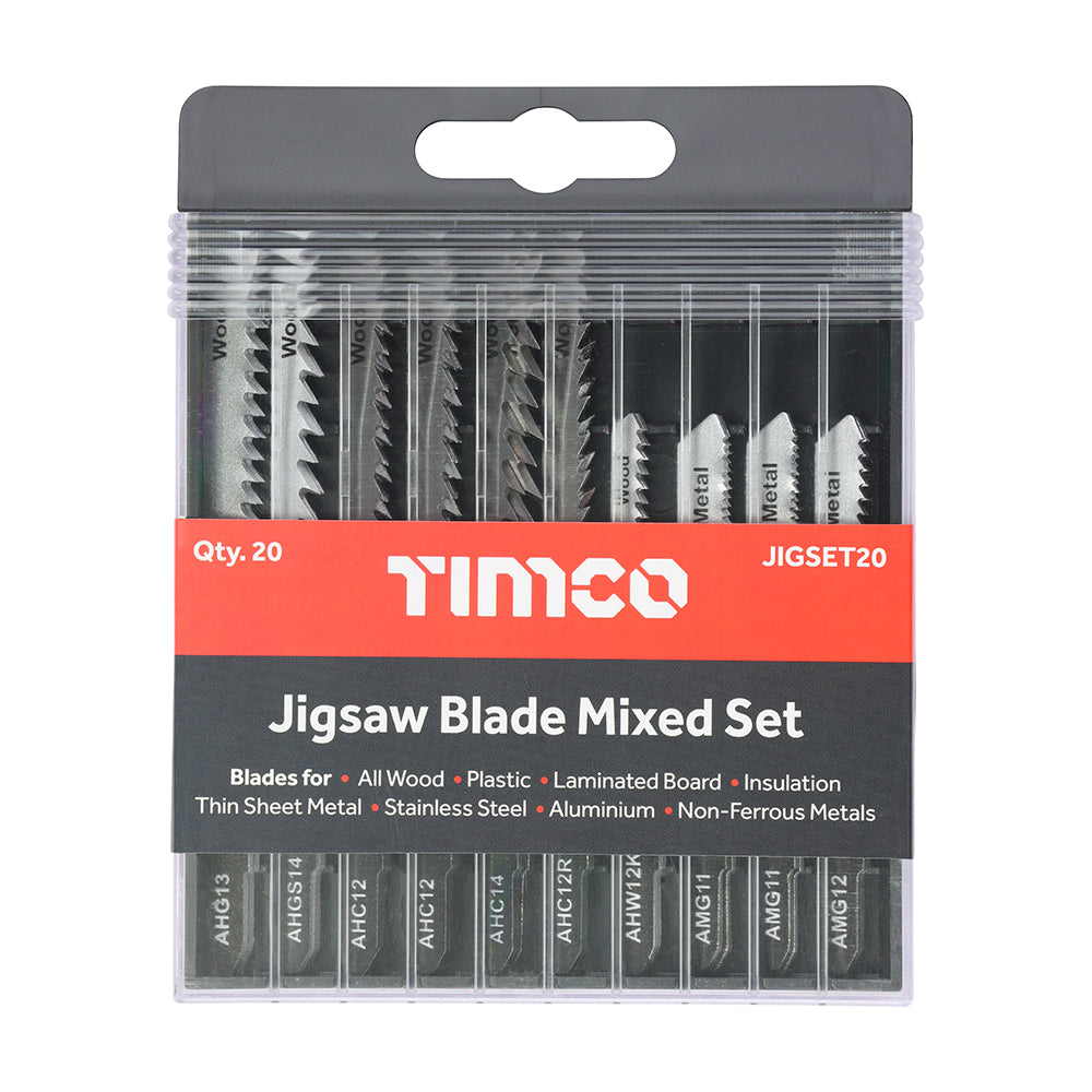 This is an image of Timco - Mixed Jigsaw Set - Wood & Metal Cutting - High Carbon Steel & HSS Blades Mixed (20 Pieces Case) JIGSET20