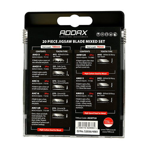 This is an image of Timco - Mixed Jigsaw Set - Wood & Metal Cutting - High Carbon Steel & HSS Blades Mixed (20 Pieces Case) JIGSET20