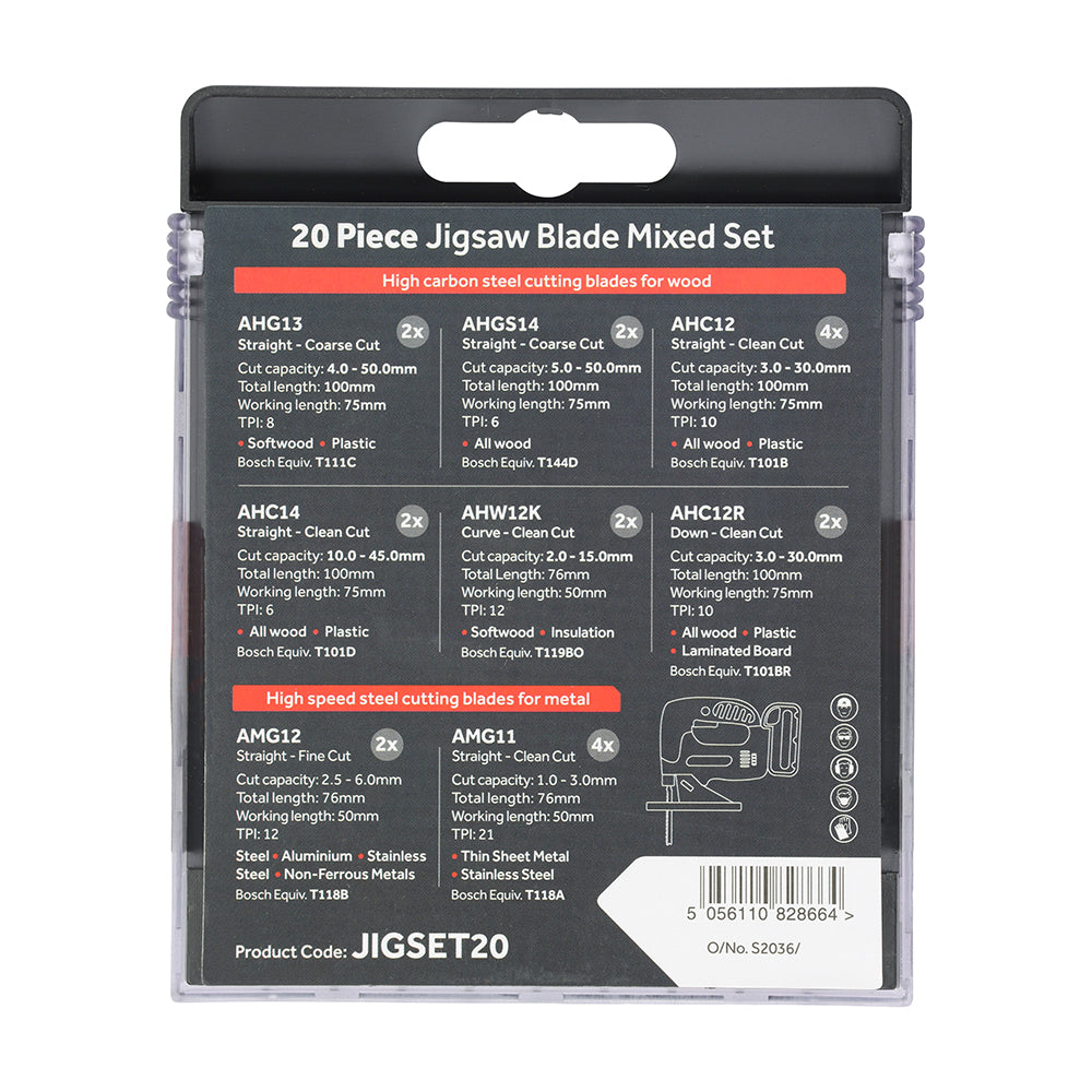 This is an image of Timco - Mixed Jigsaw Set - Wood & Metal Cutting - High Carbon Steel & HSS Blades Mixed (20 Pieces Case) JIGSET20