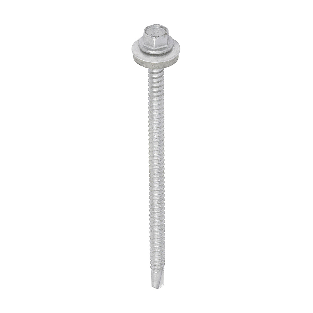 This is an image of Timco - Metal Construction Light Section Screws - Hex - EPDM Washer - Self-Drilling - Exterior - Silver Organic 5.5 x 100mm - (100 PCS Box) L100W16B