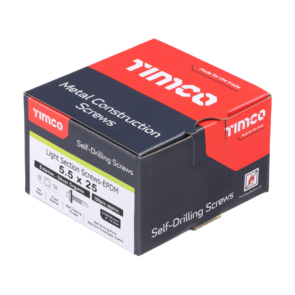 This is an image of Timco - Metal Construction Light Section Screws - Hex - EPDM Washer - Self-Drilling - Exterior - Silver Organic 5.5 x 25mm - (100 PCS Box) L25W16B