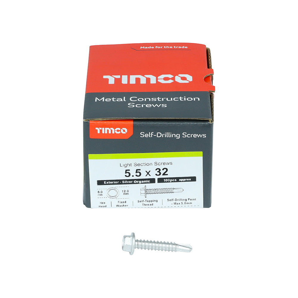 This is an image of Timco - Metal Construction Light Section Screws - Hex - Self-Drilling - Exterior - Silver Organic 5.5 x 32mm - (100 PCS Box) L32B
