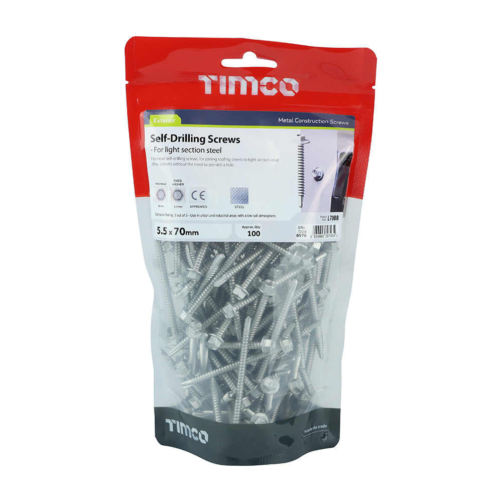 This is an image of Timco - Metal Construction Light Section Screws - Hex - Self-Drilling - Exterior - Silver Organic 5.5 x 70mm - (100 PCS TIMbag) L70BB