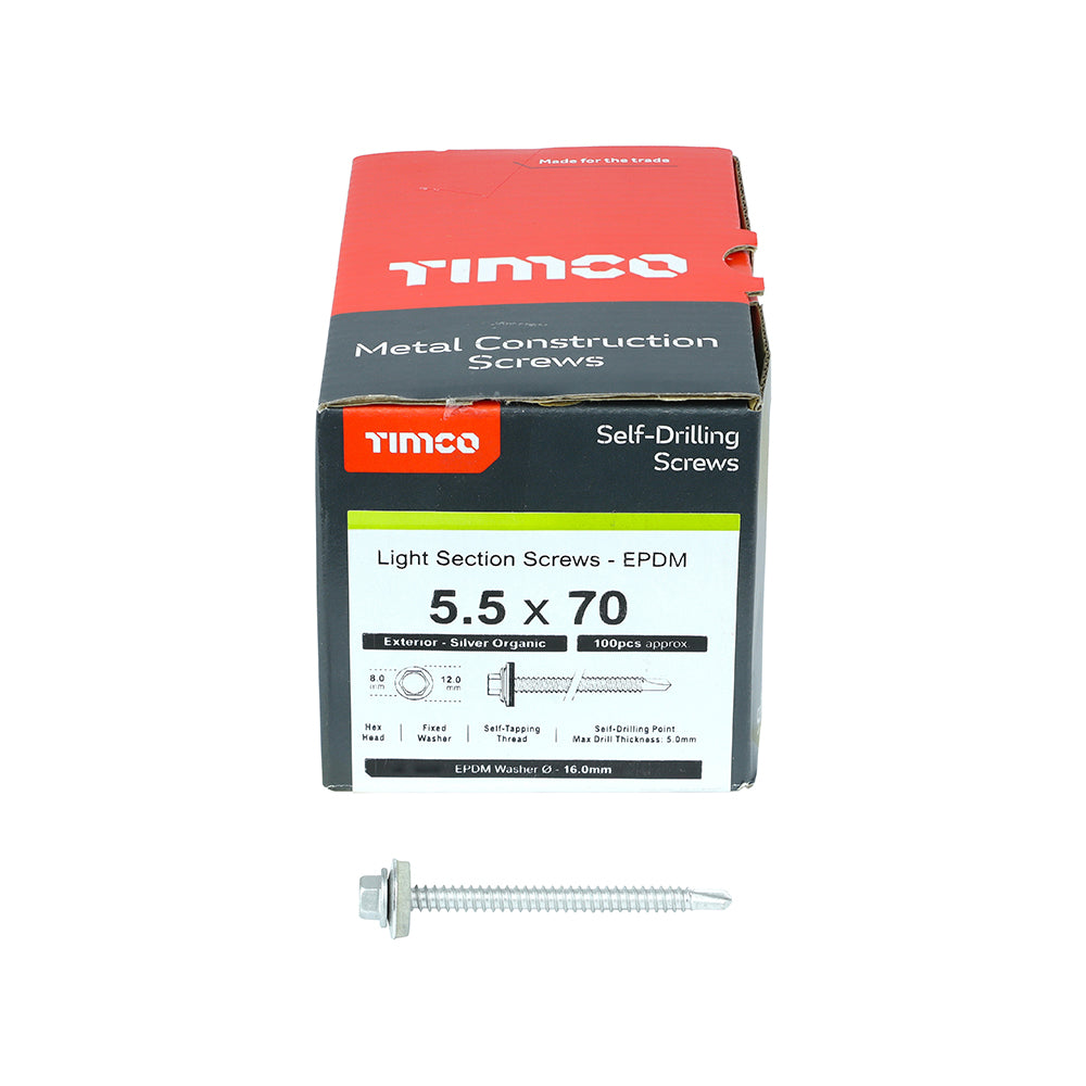 This is an image of Timco - Metal Construction Light Section Screws - Hex - EPDM Washer - Self-Drilling - Exterior - Silver Organic 5.5 x 70mm - (100 PCS Box) L70W16B
