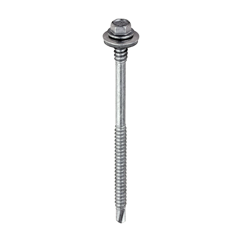 This is an image of Timco - Metal Construction Composite Panel Screws - Hex - EPDM Washer - Self-Drilling - Exterior - Silver Organic 5.5/6.3 x 98mm - (100 PCS Box) LH98W16B