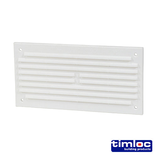 This is an image of Timco - Timloc Internal Plastic Louvre Mini Grille Vent with Flyscreen - White - 1218WF 166 x 85mm (1 Each Bag) LOC1218WF