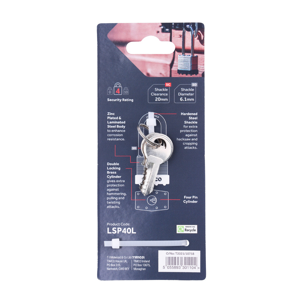 This is an image of Timco - Laminated Padlock Long Shackle 40mm (1 Each Blister Pack) LSP40L