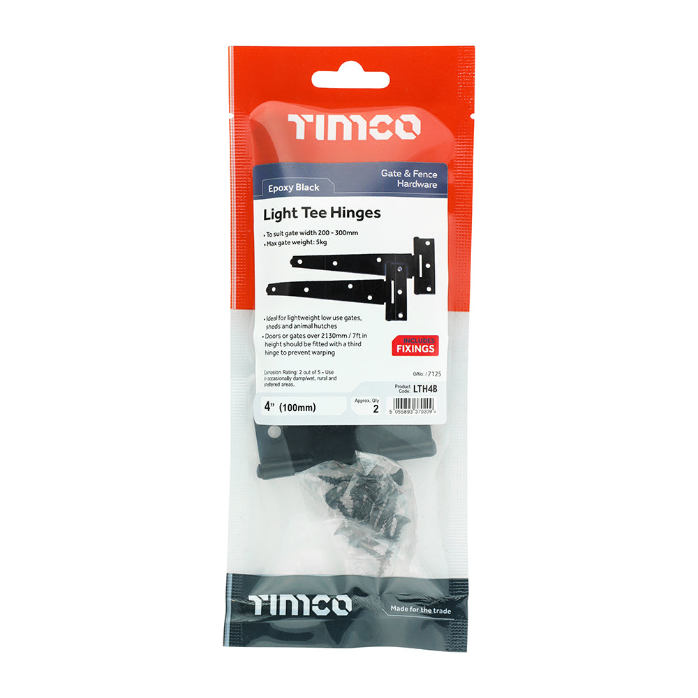 This is an image of Timco - Pair of Light Tee Hinges - Black 4" (1 Pairs TIMpac) LTH4B