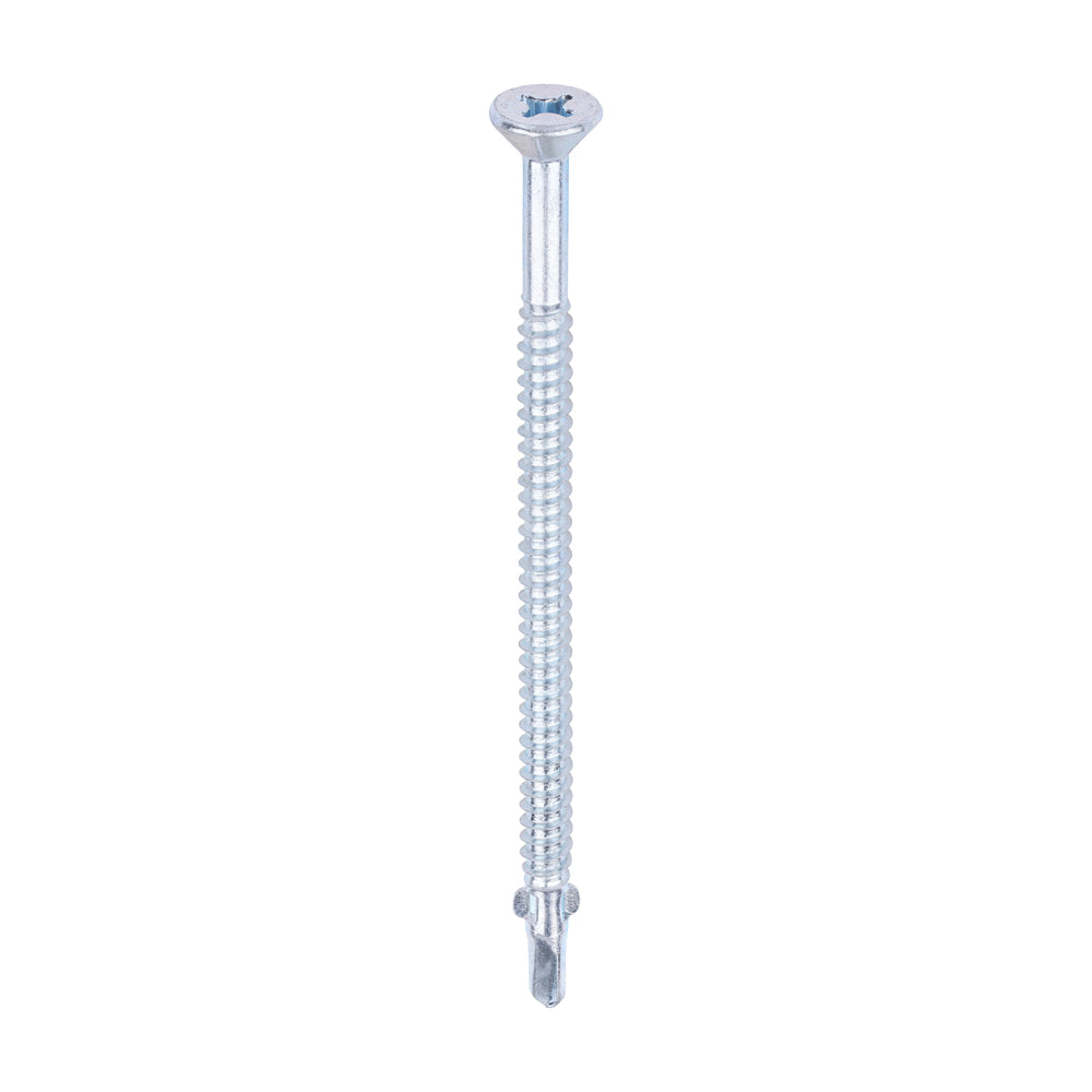 This is an image of Timco - Metal Construction Timber to Light Section Screws - Countersunk - Wing-Tip - Self-Drilling - Zinc 5.5 x 100mm - (100 PCS Box) LW100B