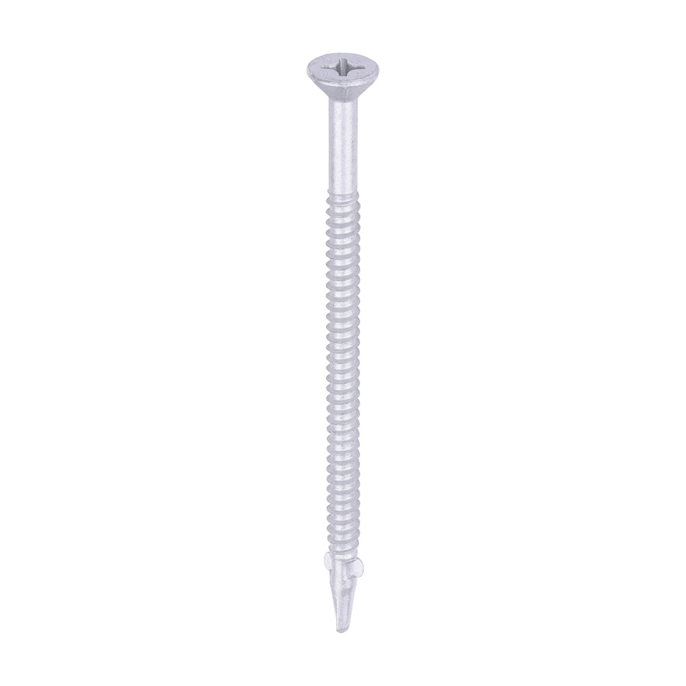 This is an image of Timco - Metal Construction Timber to Light Section Screws - Countersunk - Wing-Tip - Self-Drilling - Exterior - Silver Organic 5.5 x 100mm - (100 PCS Box) LW100S