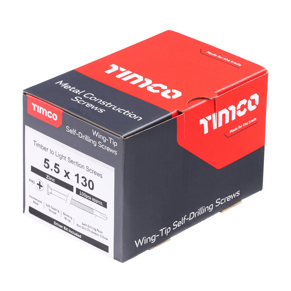 This is an image of Timco - Metal Construction Timber to Light Section Screws - Countersunk - Wing-Tip - Self-Drilling - Zinc 5.5 x 130mm - (100 PCS Box) LW130B