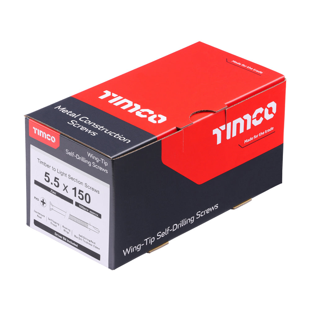 This is an image of Timco - Metal Construction Timber to Light Section Screws - Countersunk - Wing-Tip - Self-Drilling - Zinc 5.5 x 150mm - (100 PCS Box) LW150B