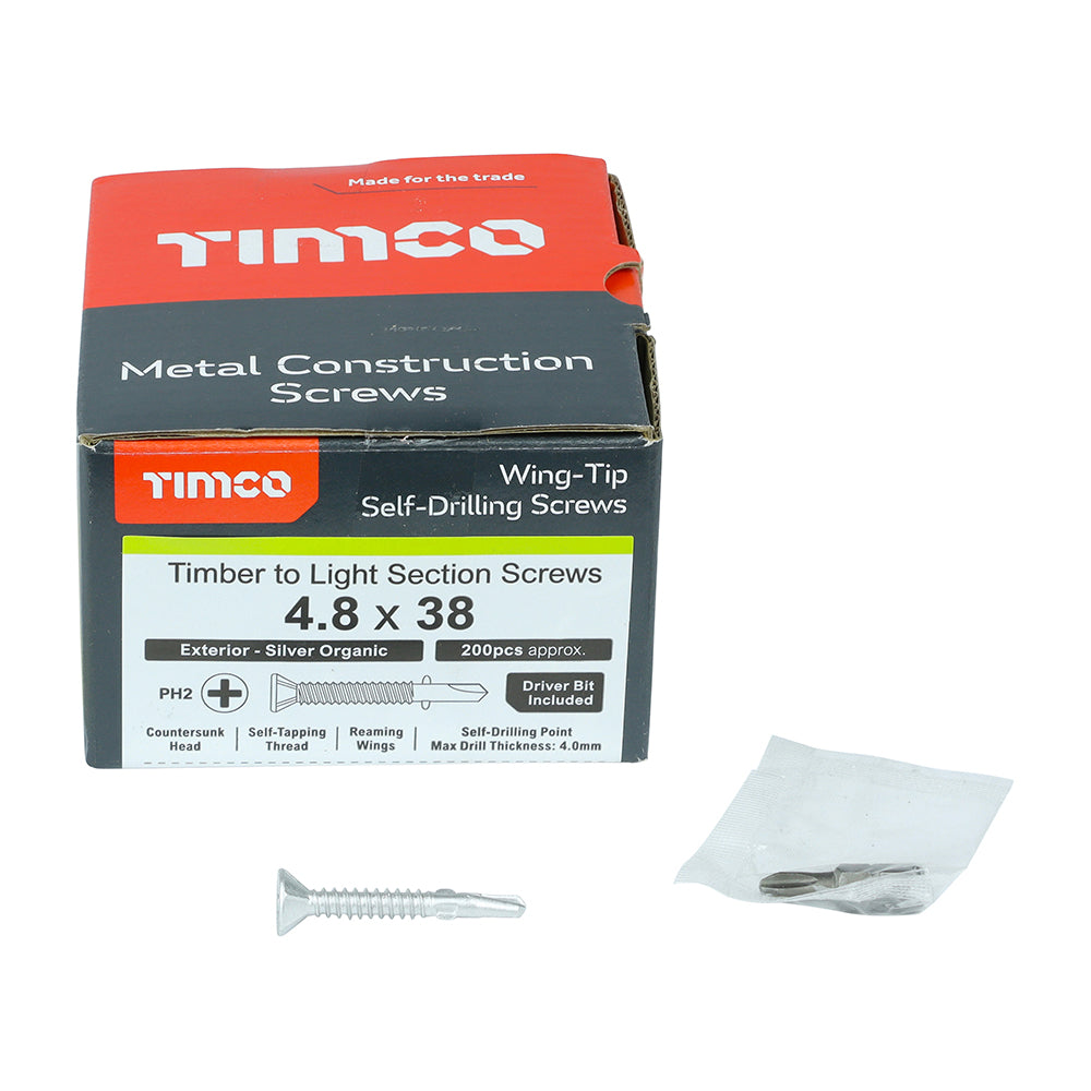 This is an image of Timco - Metal Construction Timber to Light Section Screws - Countersunk - Wing-Tip - Self-Drilling - Exterior - Silver Organic 4.8 x 38mm - (200 PCS Box) LW38S
