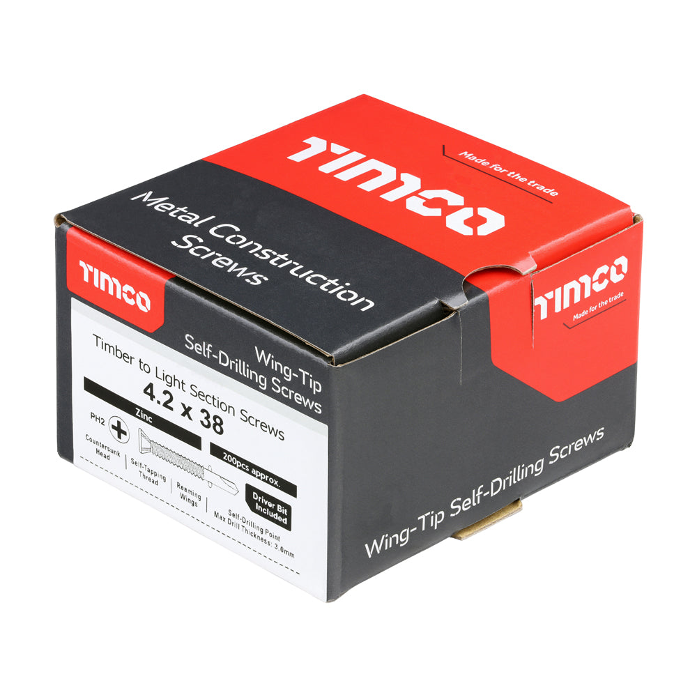 This is an image of Timco - Metal Construction Timber to Light Section Screws - Countersunk - Wing-Tip - Self-Drilling - Zinc 4.2 x 38mm - (200 PCS Box) LW4238B