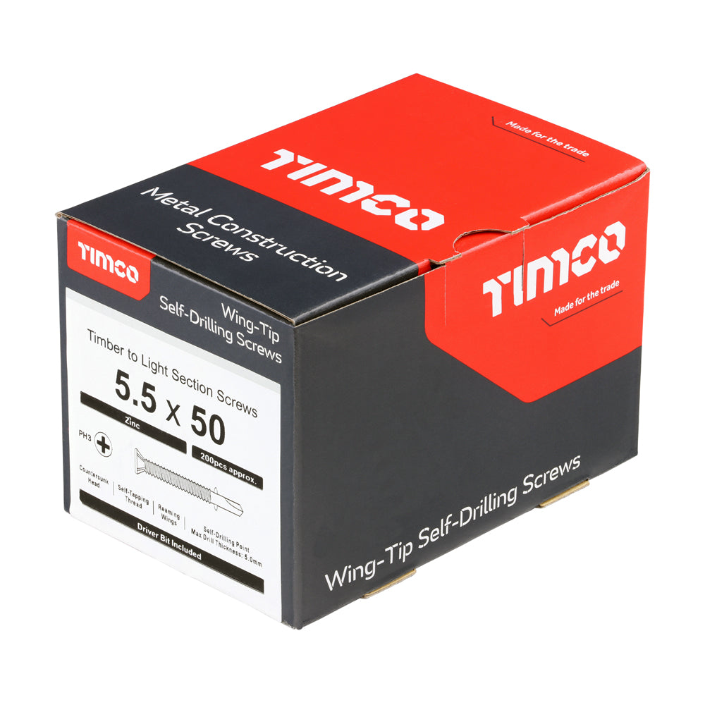 This is an image of Timco - Metal Construction Timber to Light Section Screws - Countersunk - Wing-Tip - Self-Drilling - Zinc 5.5 x 50mm - (200 PCS Box) LW50B