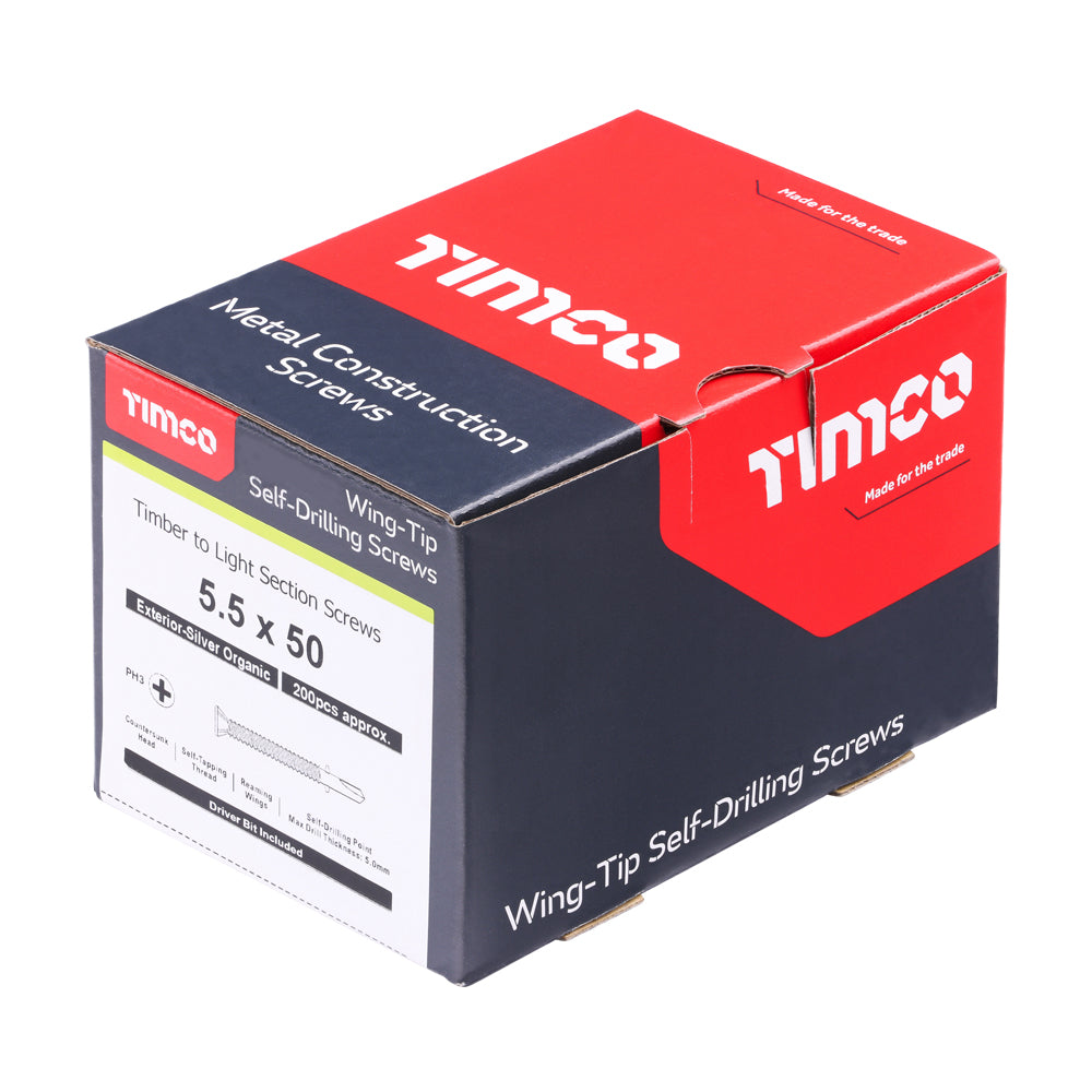 This is an image of Timco - Metal Construction Timber to Light Section Screws - Countersunk - Wing-Tip - Self-Drilling - Exterior - Silver Organic 5.5 x 50mm - (200 PCS Box) LW50S