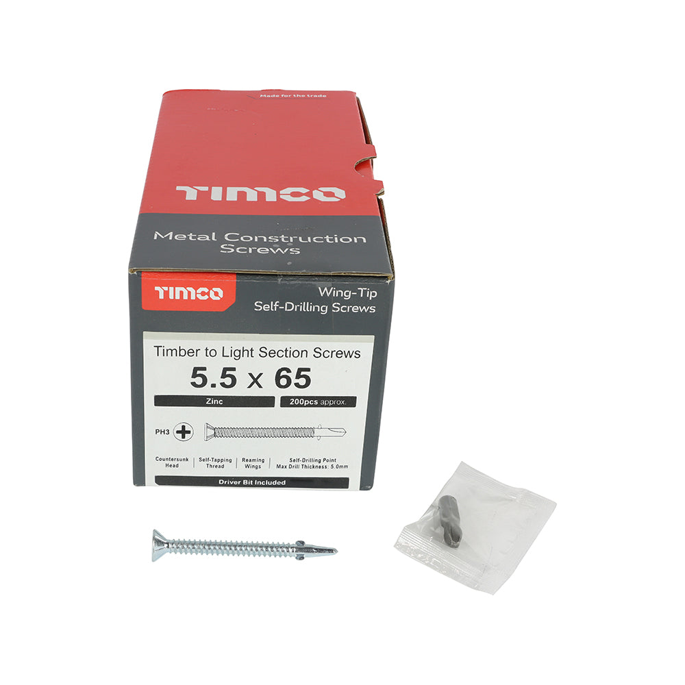 This is an image of Timco - Metal Construction Timber to Light Section Screws - Countersunk - Wing-Tip - Self-Drilling - Zinc 5.5 x 65mm - (200 PCS Box) LW65B