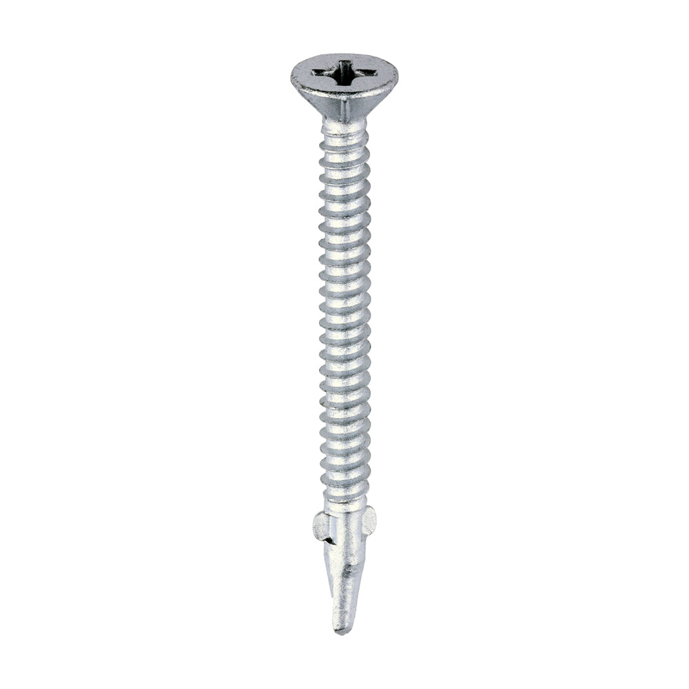 This is an image of Timco - Metal Construction Timber to Light Section Screws - Countersunk - Wing-Tip - Self-Drilling - Exterior - Silver Organic 5.5 x 65mm - (200 PCS Box) LW65S
