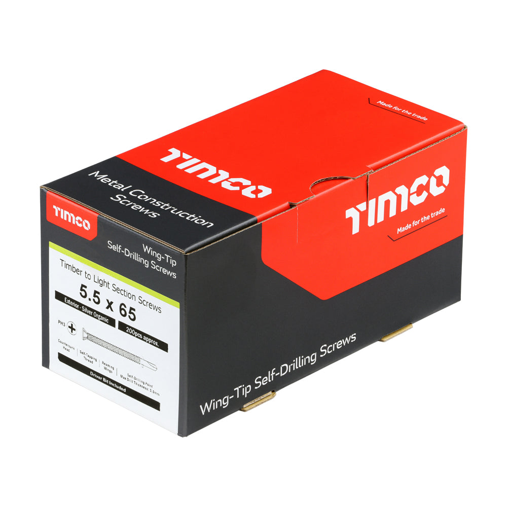 This is an image of Timco - Metal Construction Timber to Light Section Screws - Countersunk - Wing-Tip - Self-Drilling - Exterior - Silver Organic 5.5 x 65mm - (200 PCS Box) LW65S