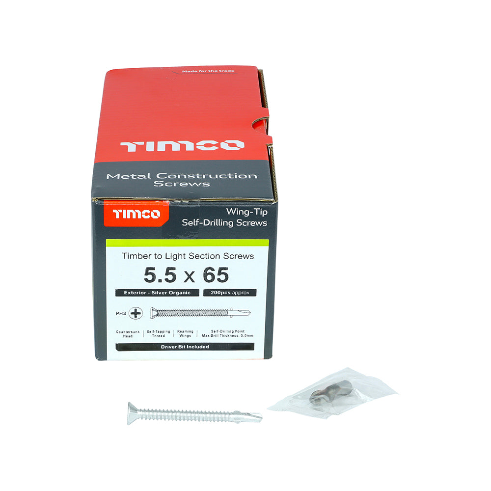 This is an image of Timco - Metal Construction Timber to Light Section Screws - Countersunk - Wing-Tip - Self-Drilling - Exterior - Silver Organic 5.5 x 65mm - (200 PCS Box) LW65S