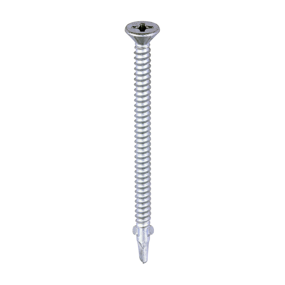 This is an image of Timco - Metal Construction Timber to Light Section Screws - Countersunk - Wing-Tip - Self-Drilling - Exterior - Silver Organic 5.5 x 85mm - (100 PCS Box) LW85S