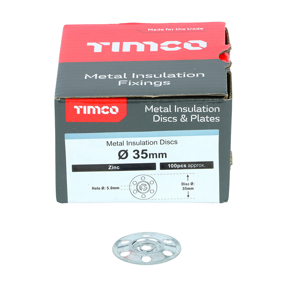 This is an image of Timco - Metal Insulation Discs - Galvanised 35mm - (100 PCS Box) MID35