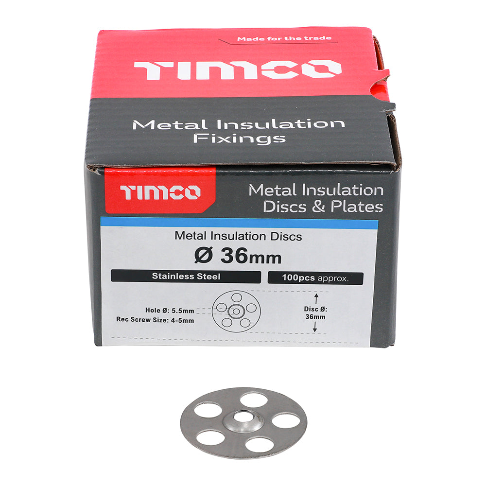 This is an image of Timco - Metal Insulation Discs - Stainless Steel 36mm - (100 PCS Box) MID36SS