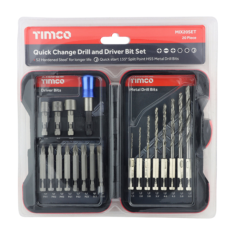 This is an image of Timco - Driver Bit & Ground Jobber Drill Bit Set 20pcs (20 Pieces Case) MIX20SET
