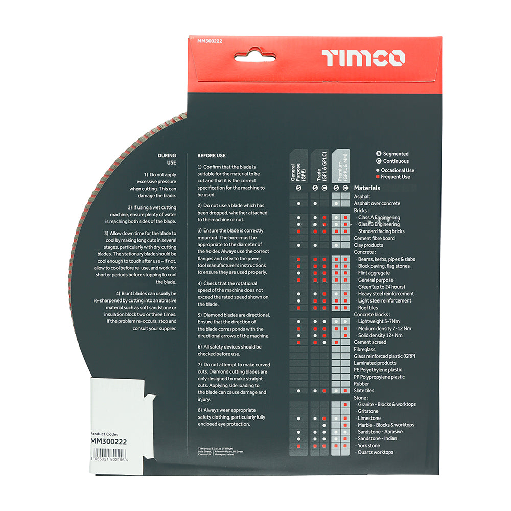 This is an image of Timco - Premium Diamond Blade - Turbo Continuous 300 x 22.2 (1 Each Box) MM300222