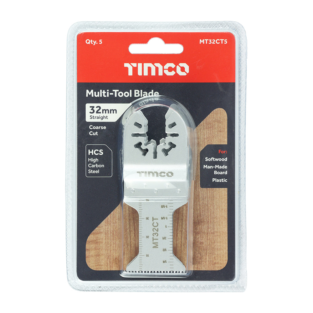 This is an image of Timco - Multi-Tool Blades - Straight Coarse - For Wood - 5pcs 32mm (5 Pieces Blister Pack) MT32CT5