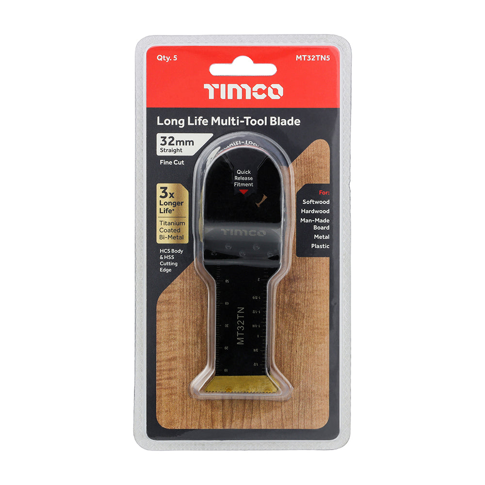 This is an image of Timco - Long Life Multi-Tool Blades - Straight - For Wood/Metal - 5pcs 32mm (5 Pieces Blister Pack) MT32TN5
