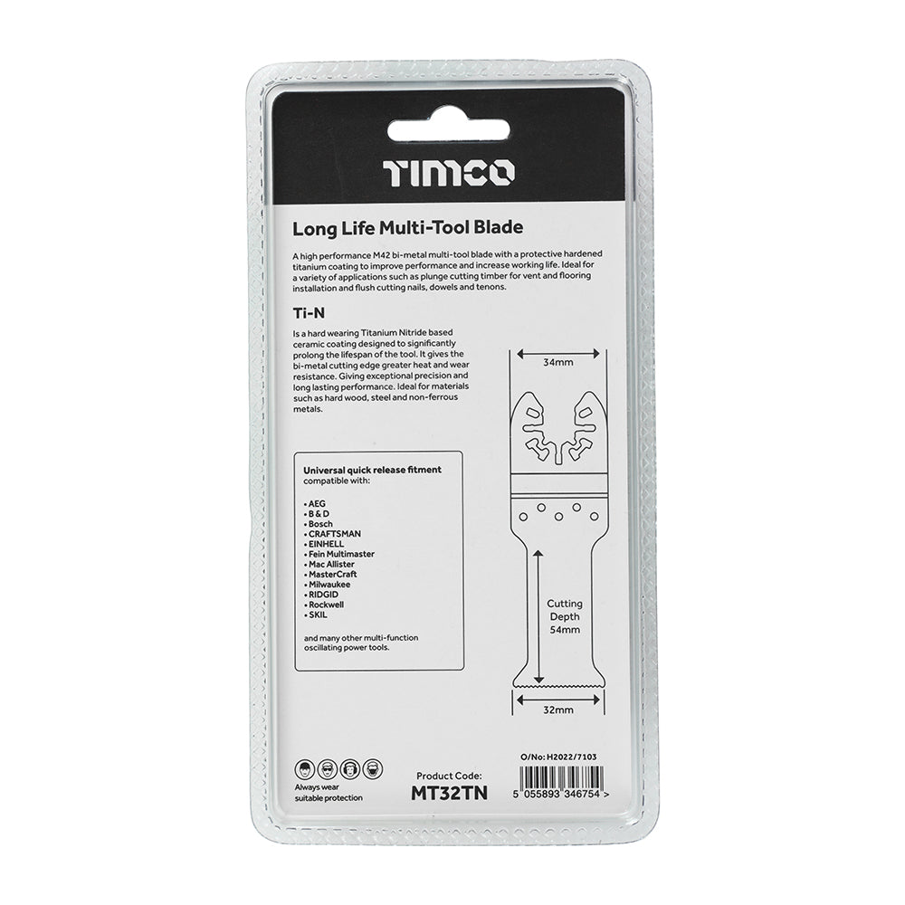 This is an image of Timco - Long Life Multi-Tool Blade - Straight - For Wood/Metal 32mm (1 Each Blister Pack) MT32TN