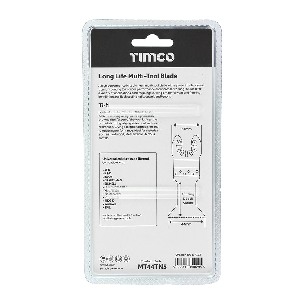 This is an image of Timco - Long Life Multi-Tool Blades - Straight - For Wood/Metal - 5pcs 44mm (5 Pieces Blister Pack) MT44TN5