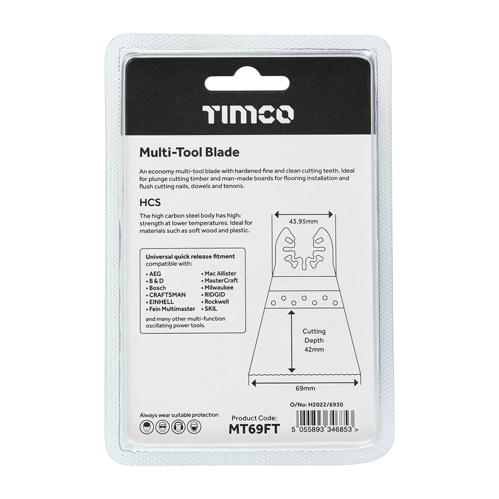 This is an image of Timco - Multi-Tool Blade - Straight Fine - For Wood 69mm (1 Each Blister Pack) MT69FT