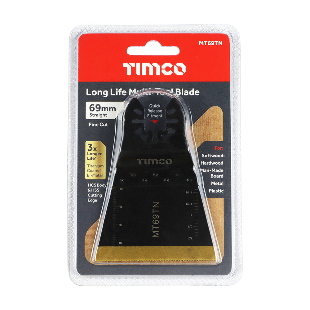 This is an image of Timco - Long Life Multi-Tool Blades - Straight - For Wood/Metal 69mm (1 Each Blister Pack) MT69TN